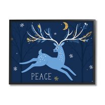 Peace Jumping Deer Snowflakes Holiday Graphic Art Black Framed Art Print Wall Art