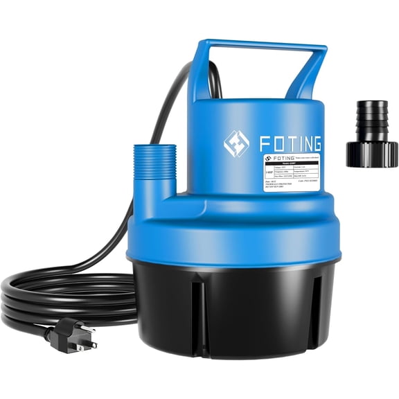 FOTING 1/4HP 1500GPH Submersible Sump Pump, Removes Water to 1/5" Depth, 10Ft Cord for Pool/Pond/Basement