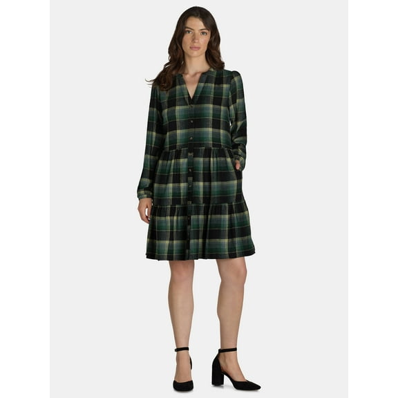 Time And Tru Women's and Women's Plus Tiered Plaid Shirt Dress, Sizes XS-4X