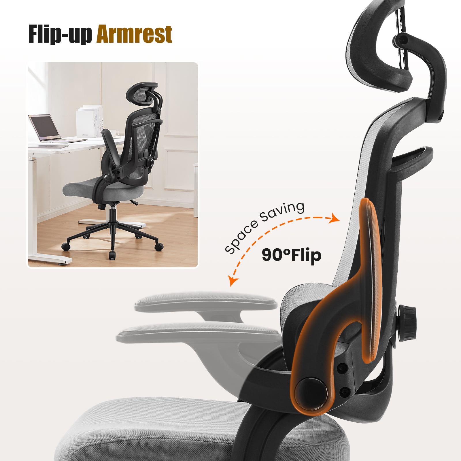 GIANNA Ergonomic Mesh Office Chair, High Back Desk Chair with Adjustable Lumbar Support, Headrest & Armrests, Swivel Task Chair, Grey
