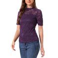 thumbnail image 4 of INSPIRE CHIC Floral Lace Top for Women's Halloween Mock Neck Puff Short Sleeve Elegant Lace Blouse Tops S Purple, 4 of 5
