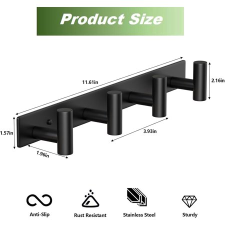 PYYAN-Coat Rack Wall Mounted-4 Hooks Heavy Duty Stainless Steel Wall Hooks for Towel Coat Bag Hat Rack Coat Hanger Coat Hooks Towel Racks for Bathroom Entryway Kitchen Hotel (Black 2 Packs)