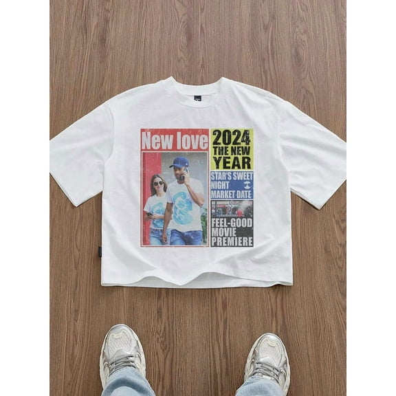 Standard Size Men's Short White Boxy Newspaper Graphic T-Shirt, Summer