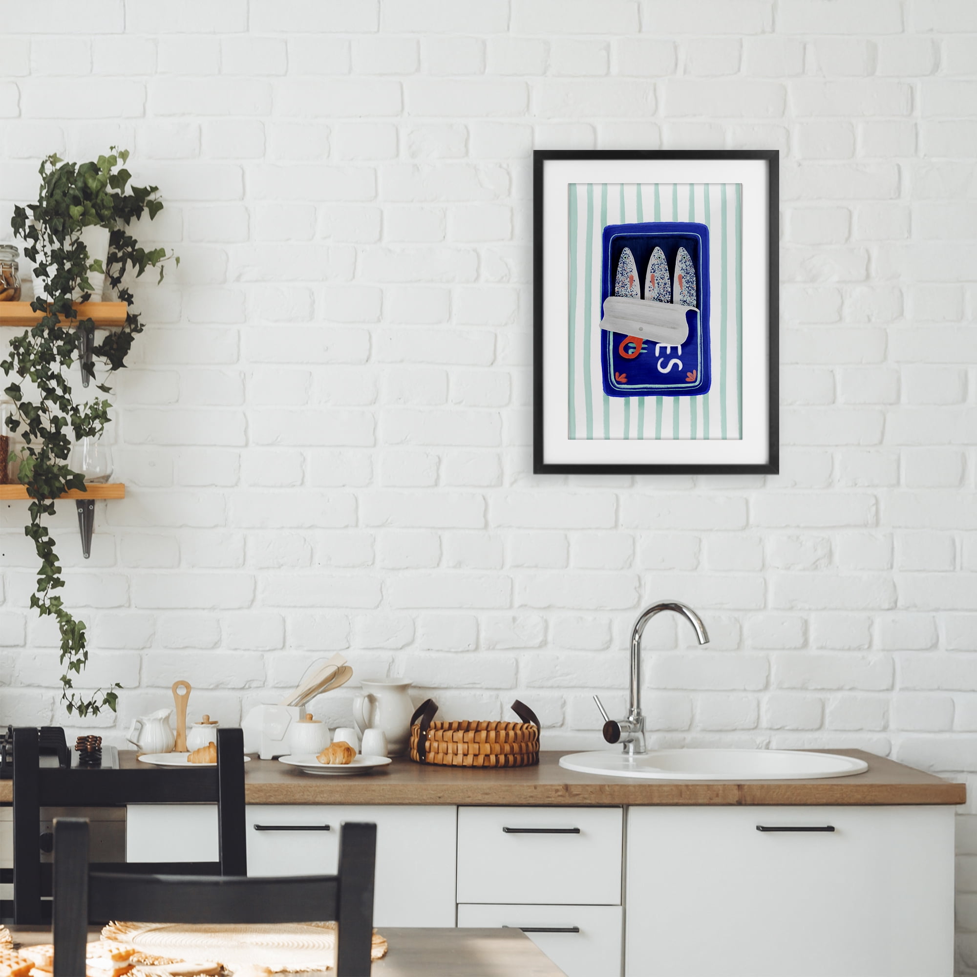 Stupell Industries Blue Sardines on Stripes Black Framed Print Under Glass, design by Metka Hiti