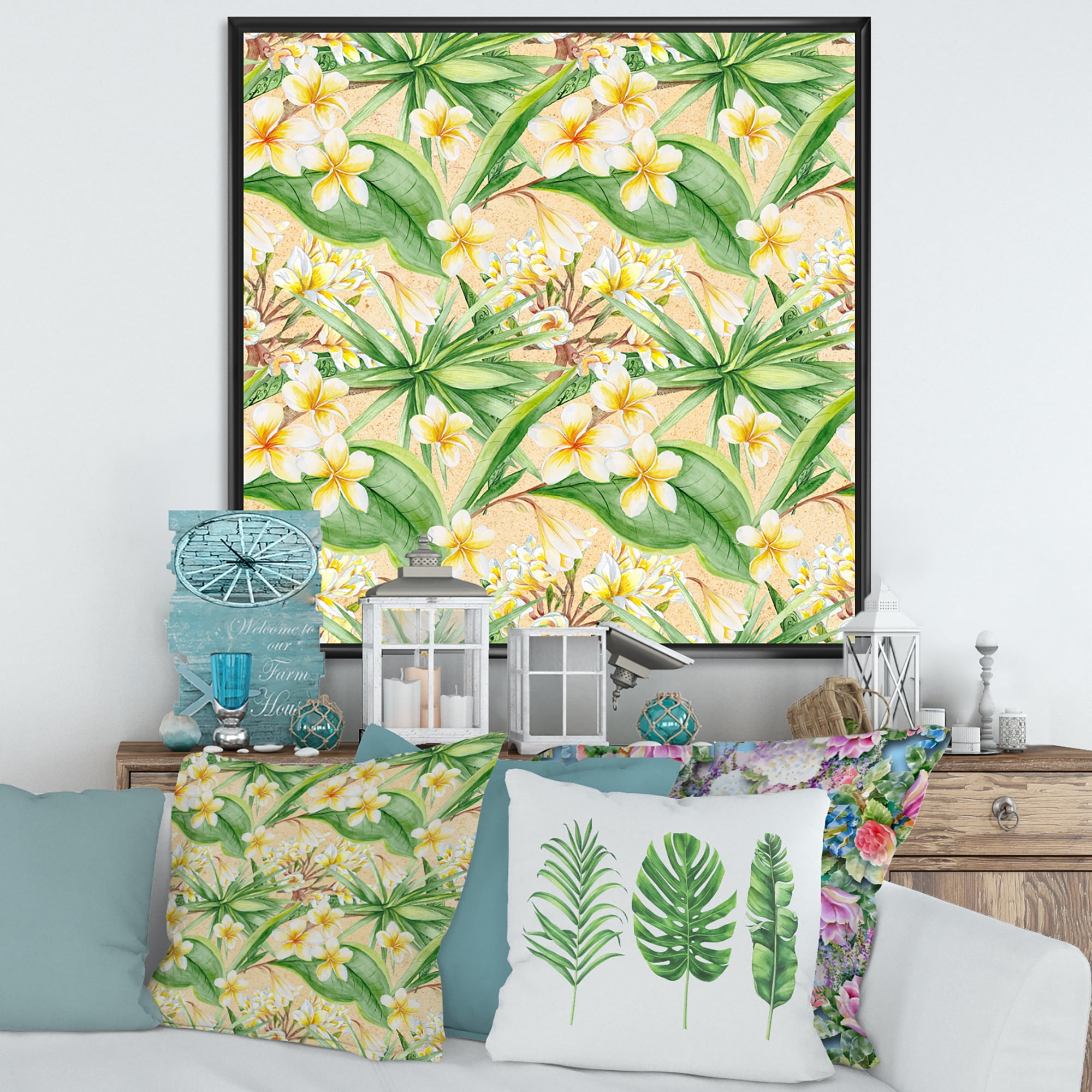 Designart 'Yellow Flowers and Tropical Foliage XIII' Modern Framed Canvas Wall Art Print