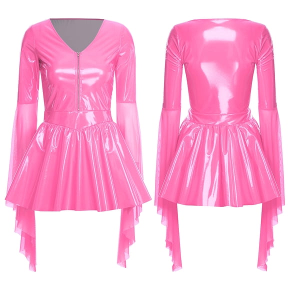 TSSOE Women's Latex Punk Mini Dress Shiny PU Leather, Deep V Neck, Mesh Long Sleeves for Party and Rave Pink L