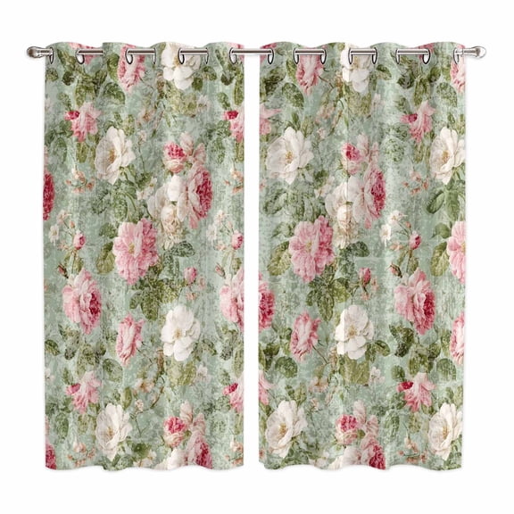 Curtains 63 Inch Length 2 Panels, White Pink Flower Grommets Window Treatment Curtain, Shabby Chic Spring Vintage Leaf Green Thermal Curtains Drapes for Living Room/Bathroom