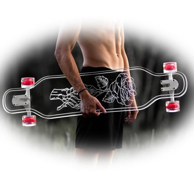 GHOST BOARDS Clear Acrylic 40" Longboards Skateboard with Light up LED Wheels. Non-Slippery, Super Durable. Great for Beginners to Experts. Complete Skateboard Easy to Ride, 9" Wide.