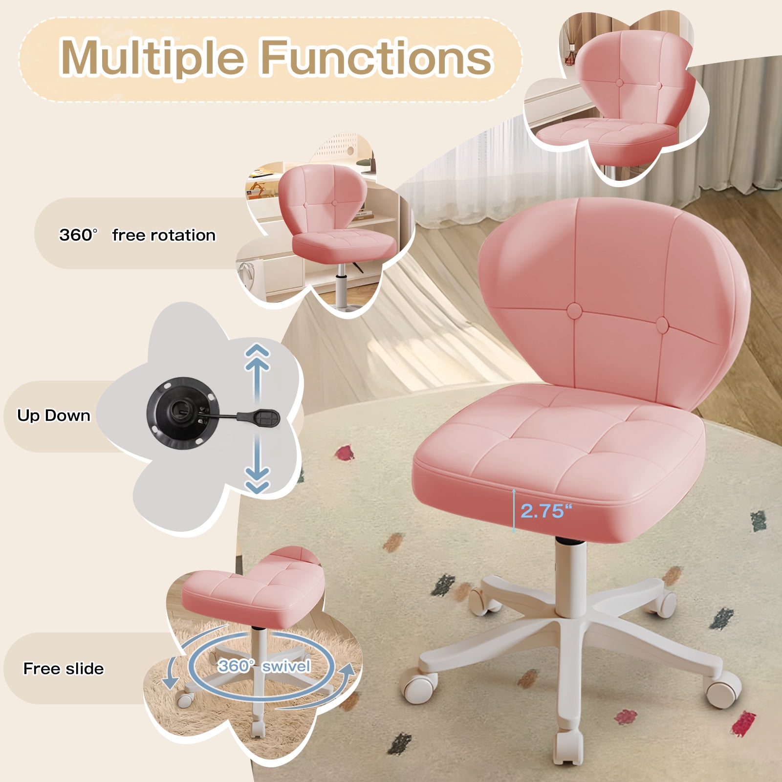 Vanity Chair with Back – Small Armless Office Chair with Wheels, Lumbar Support, PU Leather, Adjustable Height, 360° Swivel for Home, Bedroom, Office Pink