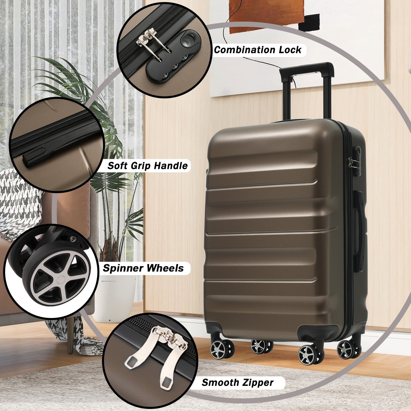 Euroco 28" Checked Luggage,ABS Hardside Travel Suitcase with Spinner Wheels, Lightweight Durable Large Suitcase for Men Women,Brown
