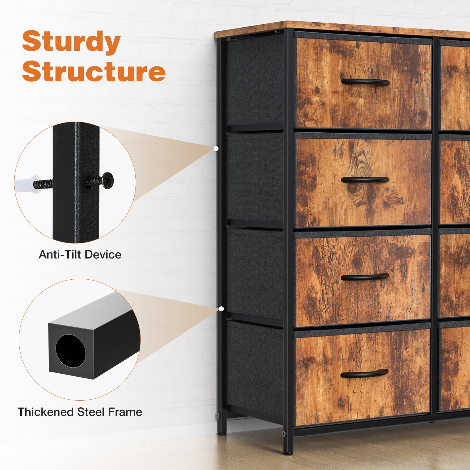 Aukfa 8 Drawer Dresser,Tall Fabric Dresser & Chest of Drawers for Bedroom,Metal Frame,Brown