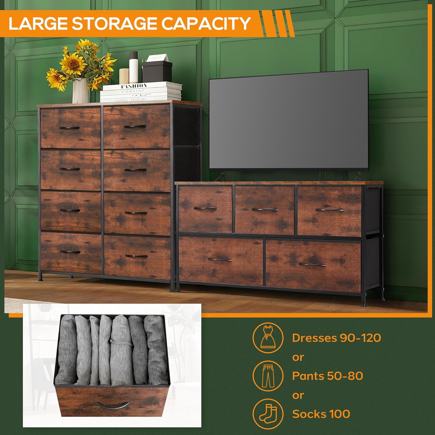 8 Drawer Dresser, Tall Chest Of Drawers Nightstand Storage Tower Storage Dresser Fabric Dresser With Wood Top for Living Room, Bedroom, Hallway, , Rust