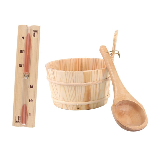 Sauna Cubo y , Baño hecho a mano Cubo de madera natural, Accesorios de baño Sauna Temporizador de arena, con cuchara de agua hecha de madera de pino de Premium Cola Sauna Cubo y cucharón
