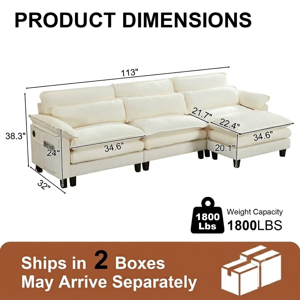 Howcool 113" Modular Sectional Sofa with Movable Ottoman, L Shaped Comfy Cloud Couch, Deep Seat 3-Seat Convertible Sofa, USB Ports & Side Pockets, Chenille Fabric,Beige