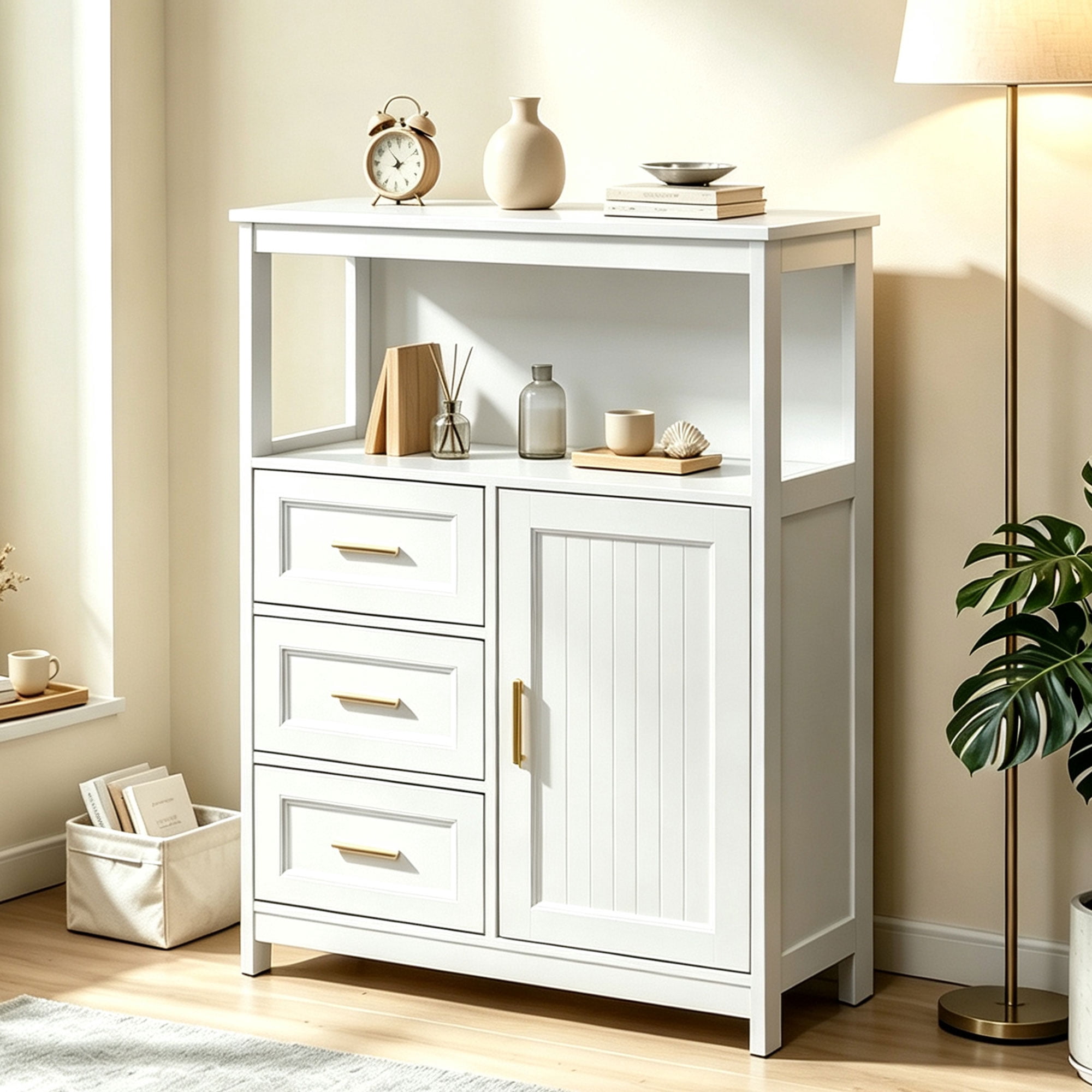 Kitchen Storage Cabinet, modern Buffet Cabinet , Storage with 3 Drawers and 1 Doors,Floor Sideboard Buffet for Living Room, Dining Room, Bathroom,(WHITE Color)