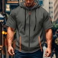 thumbnail image 2 of Men’s Short Sleeve Full-Zip Hoodie, Casual Athletic Hooded Sweatshirt with Contrast Trim & Pockets Dark Gray L, 2 of 5