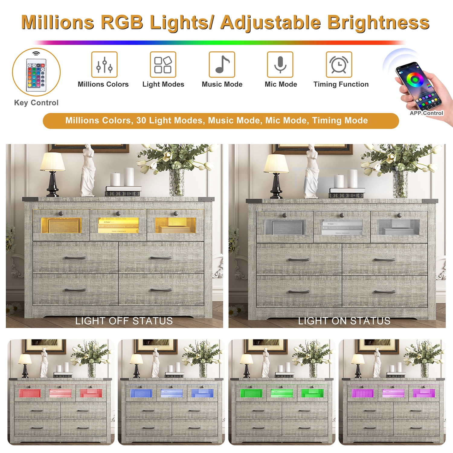 Kepooman Chest of Drawers, 7 Drawer LED Dresser for Living Room, Nursery Dresser, Cement Grey Kepooman Chest of Drawers, 7 Drawer LED Dresser for Living Room, Nursery Dresser, Cement Grey