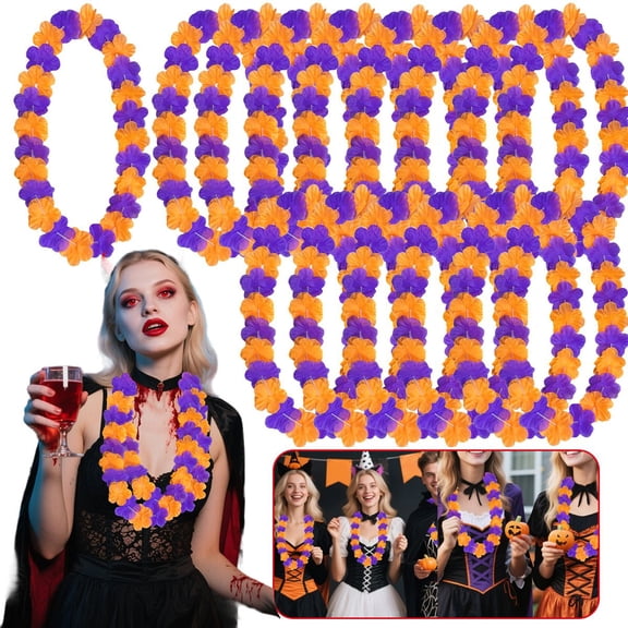 24 Pcs Halloween Flower Leis Necklace - Orange & Purple Hawaiian Floral Lei Garland for Tropical Luau Party Decor, Photo Booth Props, Trick or Treat Costume Accessories