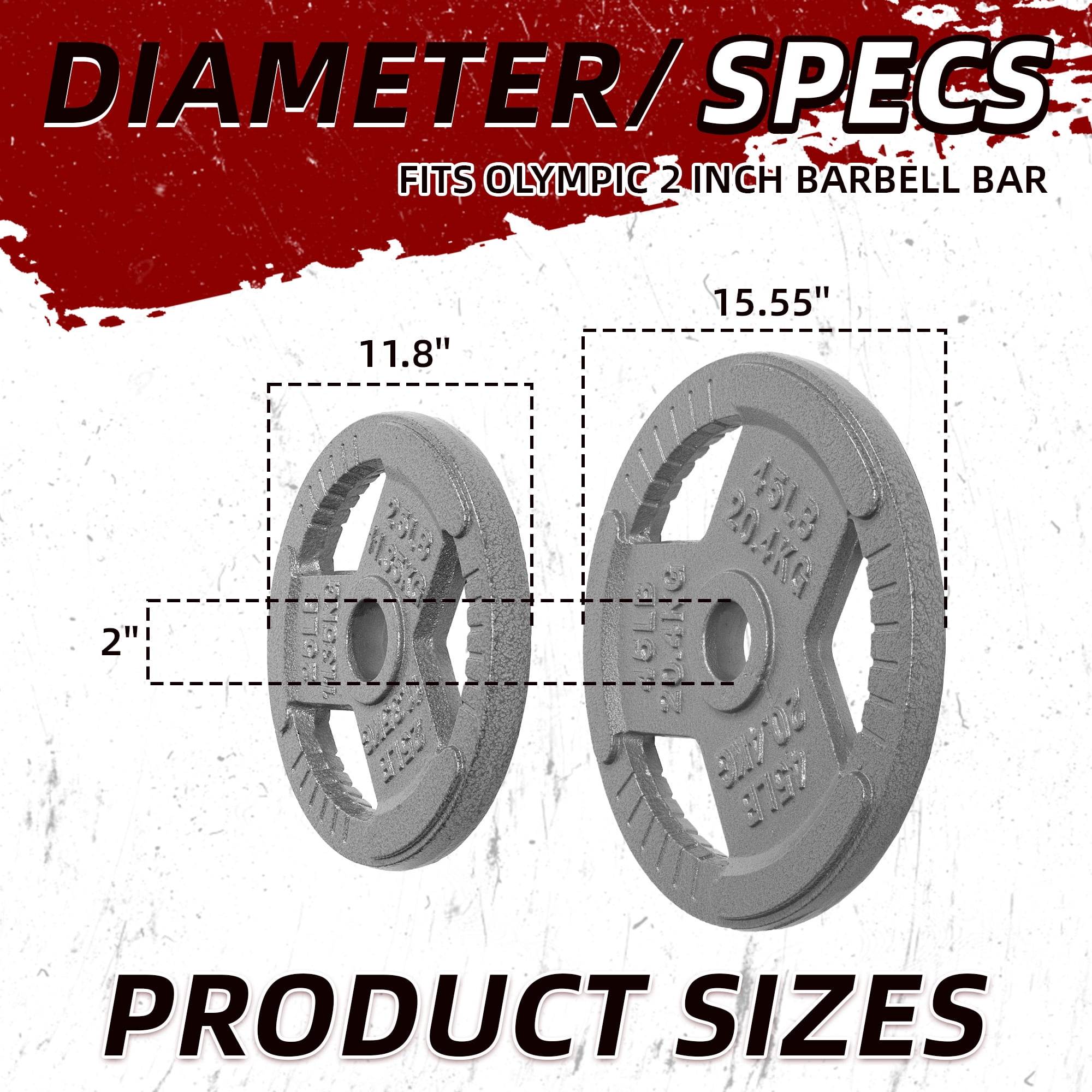 FlexWave 120LB Olympic 2" Cast Iron 3-Grip Weight Plates Set, Light Gray