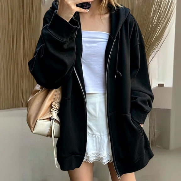 Yigetop Zip up Hoodie Women Oversized Lightweight Casual Sweatshirt Full Zip Closure Soft Comfy Ladies Jackets with Zipper Hood & Pockets Daily Wear Black L