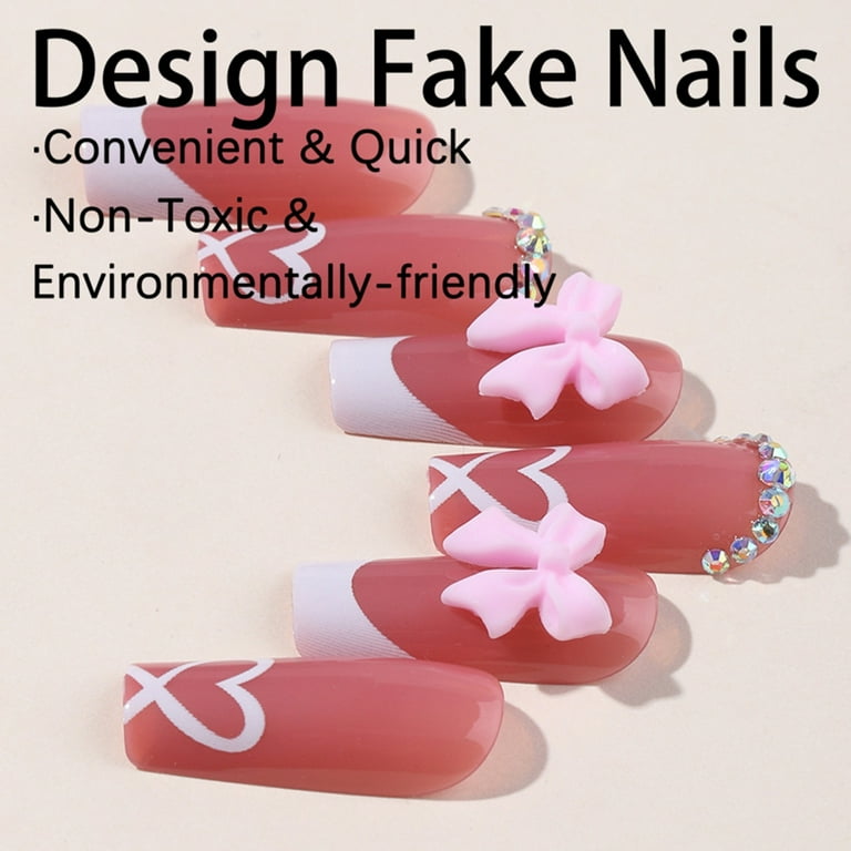 Elegant White French Tip Fake Nails With White Bows 24pcs False Nail Manicure