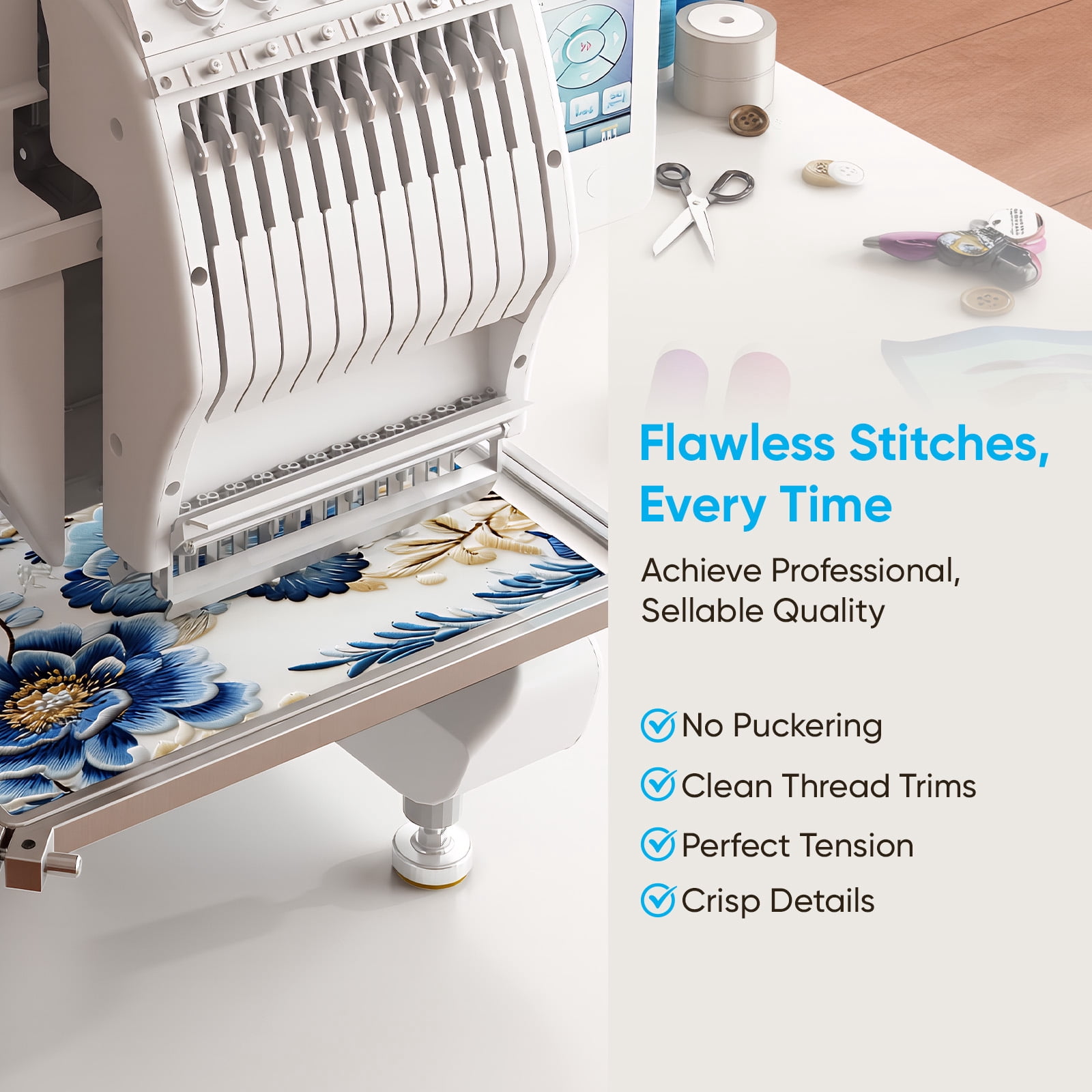 TABU Embroidery Machine with 12 Needles, 1000SPM Max Speed, Touch Screen, 8"x12" Large Embroidery Area, for Flat, Hat, T-shirt and more