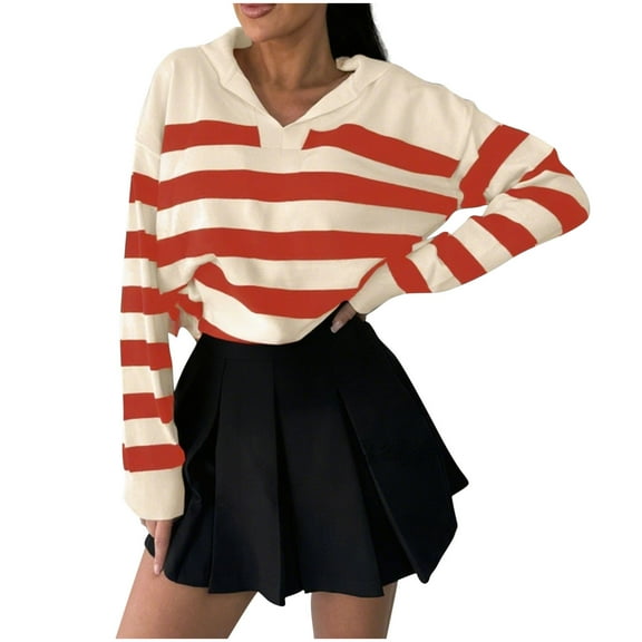 DAFPZW Casual Knit Sweater for Women Striped Long Sleeve Tunic Pullover Tops Loose Fit Fashion Fall Y2k Tops