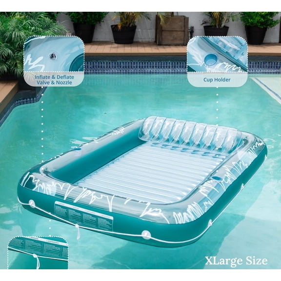Sunrio 73"x46" Inflatable Tanning Pool Lounger Float for Adults - Blow up Pool & Lake floaties Sunbathing Tub Tanning Bed with Pillow and Drink Holders for Backyard, Beach, Summer Water Party, XL-Cle