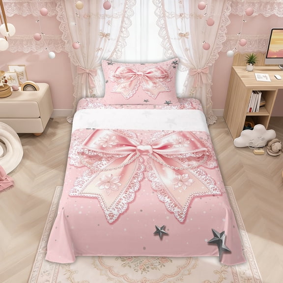 Manfei Pink Princess Bow Twin Sheet Sets, Cute Glitter Print Bedding for Girls Women, 3pcs