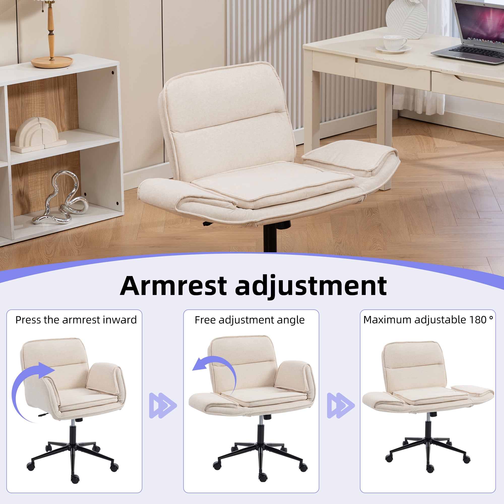 Jopath Criss Cross Chair with 5-Gear Adjustable Armrests and Wheels, Ergonomic Thickened Backrest Swivel Desk Chair for Home Office Vanity Bedroom and Living Room Beige Cloth