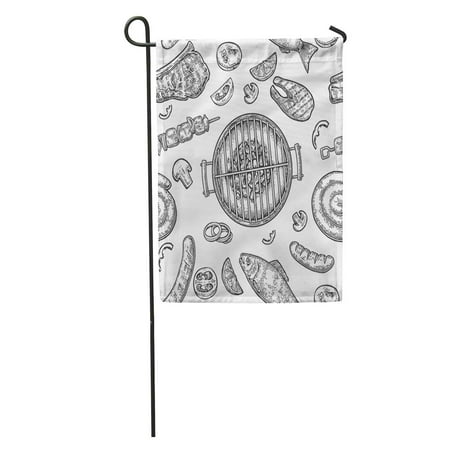 Patio Beef SIDONKU Barbecue Grill Top View Charcoal Mushroom Tomato Pepper Sausage Lemon Kebab Fish and Beef Steak Vintage Garden Flag Decorative Flag House Banner 28x40 inch ()