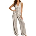 thumbnail image 3 of SROBPTY Womens Set Print V Neck Sleeveless Top Drawstring Wide Leg Long Pants Outfits for Casual Wear, 3 of 5