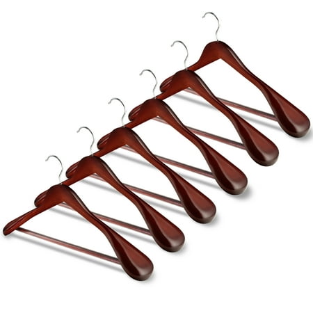 ShopoKus (6 Pack) High-Grade Wide Shoulder Wooden Hangers with Non Slip Pants Bar - Smooth Finish Solid Wood Suit Hanger Coat Hanger, Holds upto 20lbs,for Dress, Jacket, Heavy Clothes