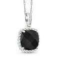 thumbnail image 4 of Gem Stone King 10K White Gold Black Onyx and White Diamond Pendant Necklace for Women (2.13 Cttw, Cushion Checkerboard Cut 8MM, with 18 inch Silver Chain), 4 of 6