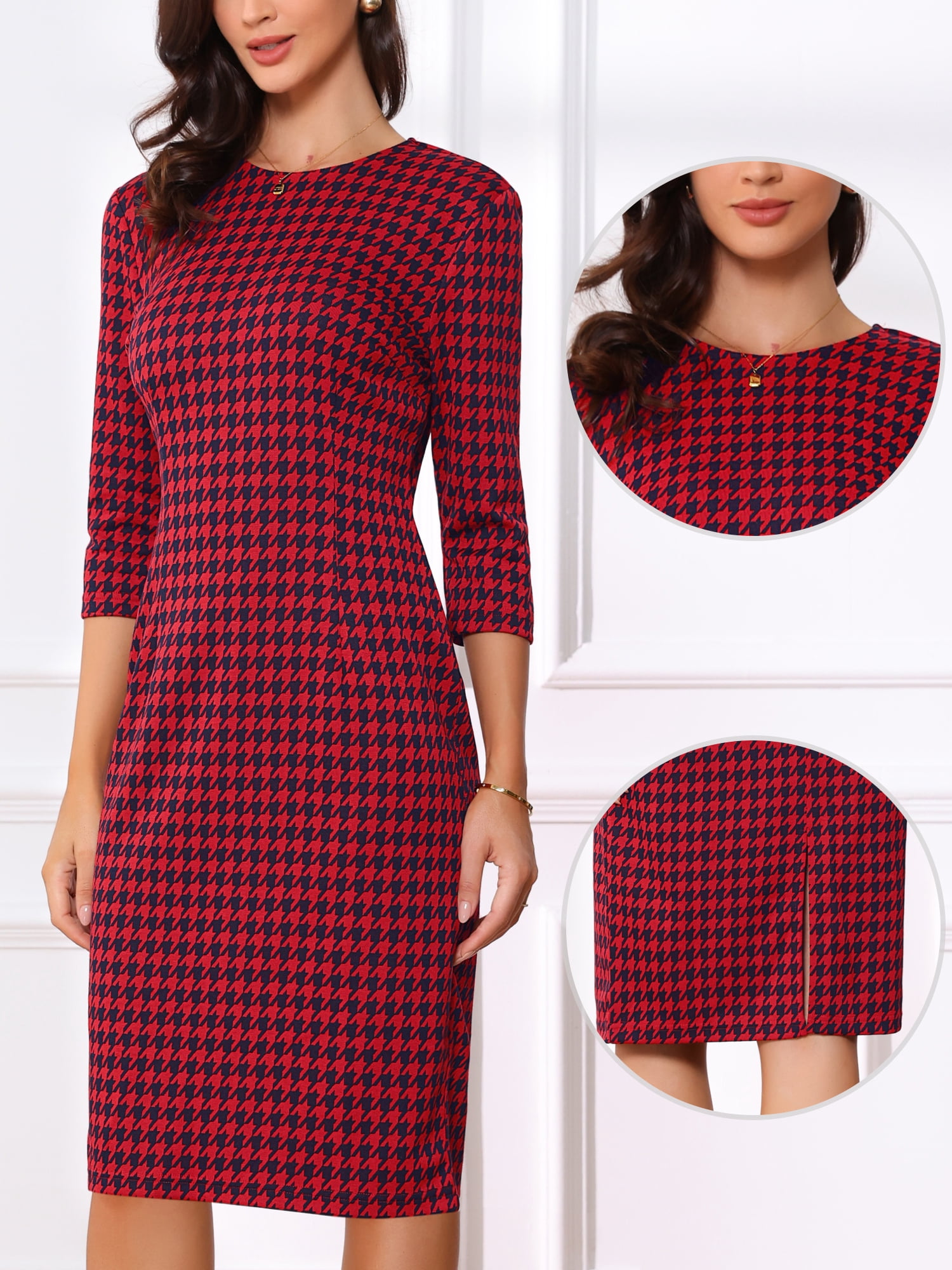 DARING DIVA Vintage Houndstooth 3/4 Sleeve Bodycon Dress L Red
