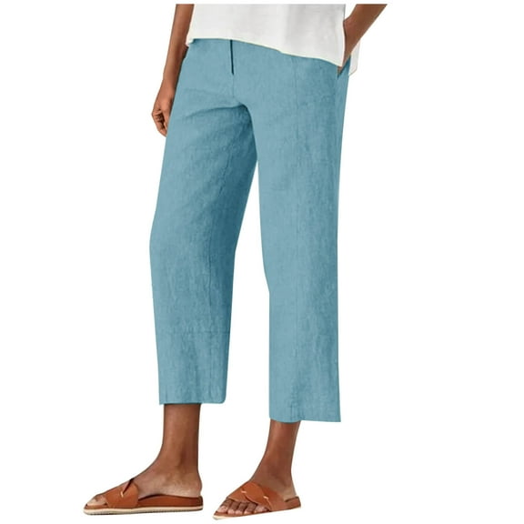jtjvou Womens Capri Pants Casual Summer Linen Cropped Pant Baggy Button High Waist Straight Leg Work Trousers Blue XXL