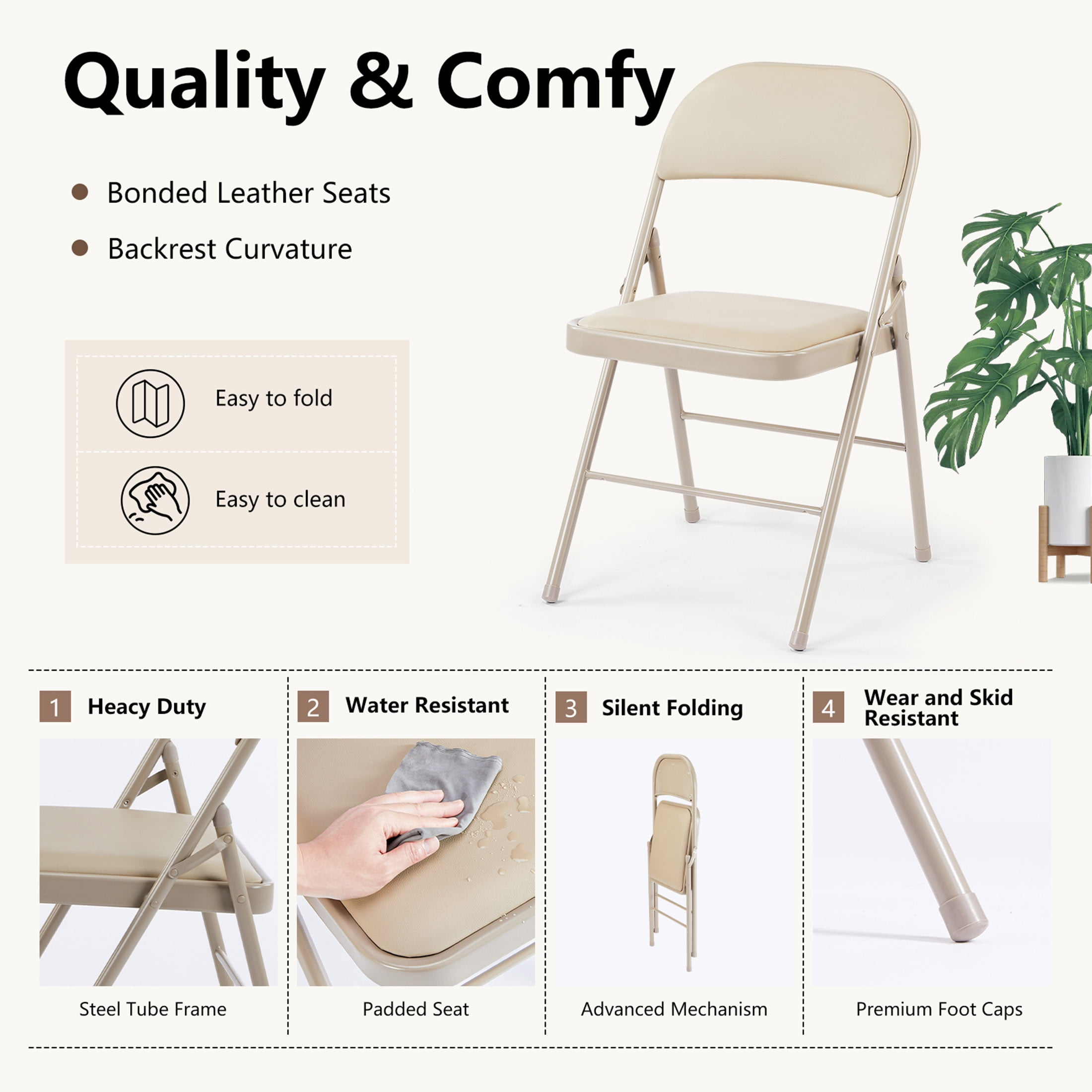 CONCETTA 4 Pack Folding Chair, Indoor Outdoor Portable Stackable Commercial Leather Padded Seat for Home, Office, Party, Kahki