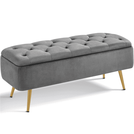 Yaheetech Modern Velvet Upholstered Button-Tufted Storage Bench with Metal Legs for Bedroom, Gray