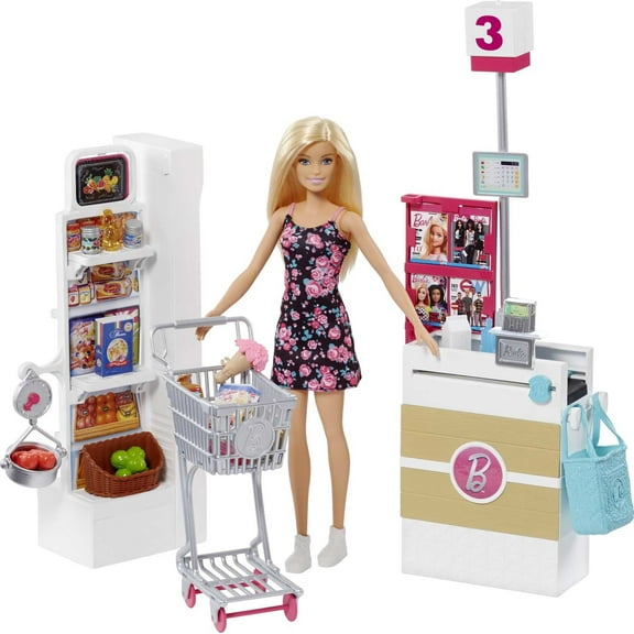 Barbie Supermarket Playset, Blonde Hair, with 25-Grocery Themed Pieces
