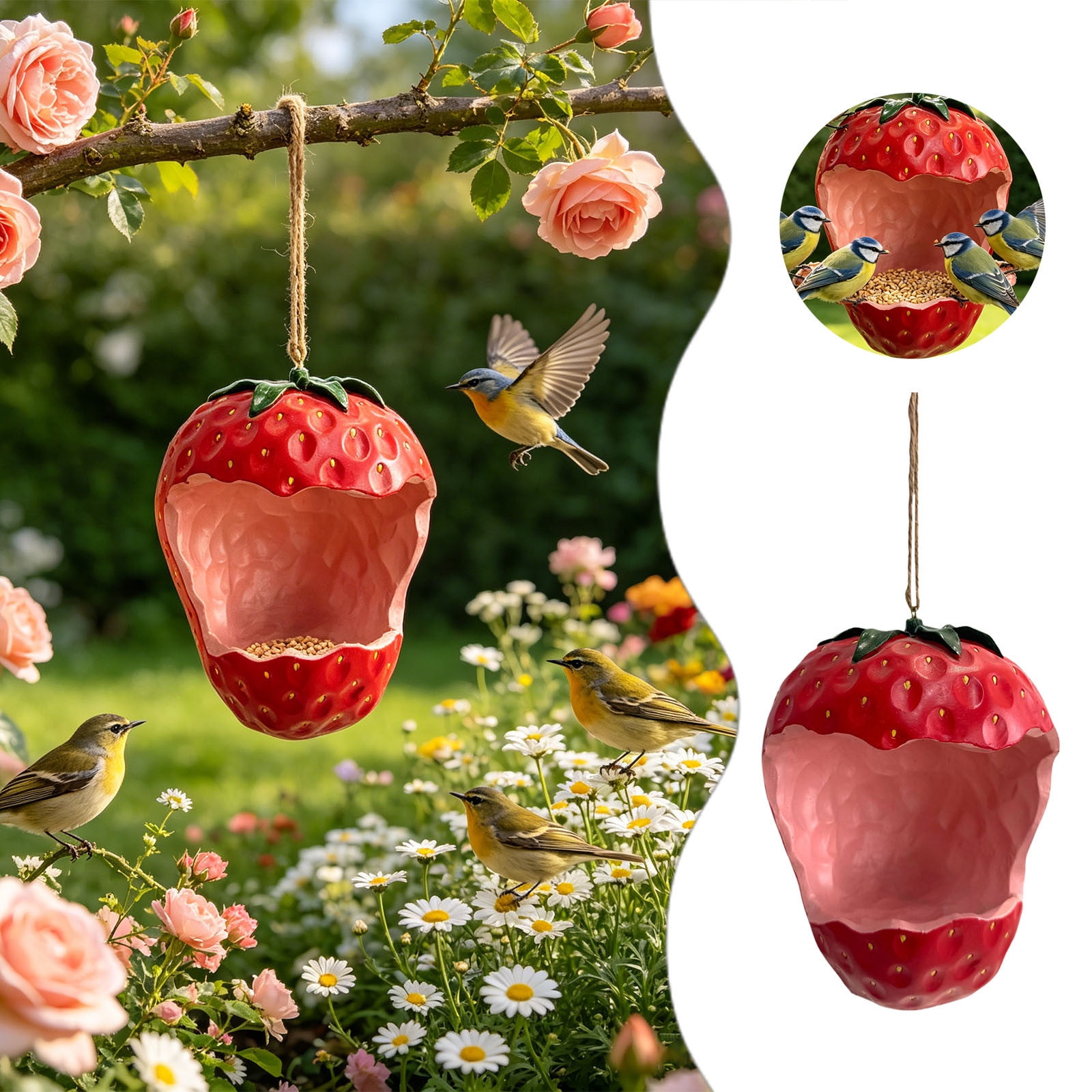 Weatherproof Strawberry Resin Hanging Wildlife Feeder Long Jute Hanging Cord Outdoor Backyard Tree Patio Lawn Wild Bird Feeding Landscape Accessory