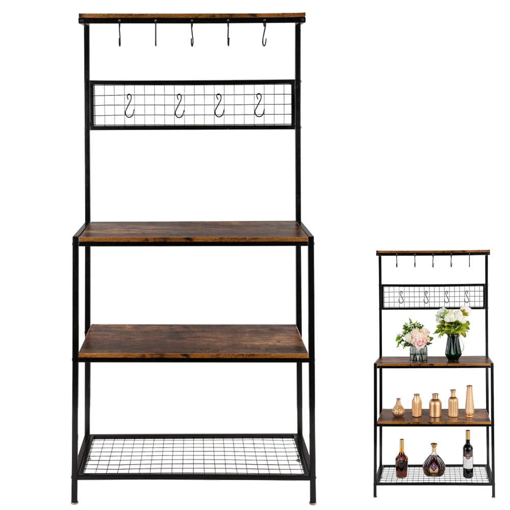LEASEN 67" Wooden Kitchen Bakers Rack with 4 Storage Shelves & 10 Hooks
