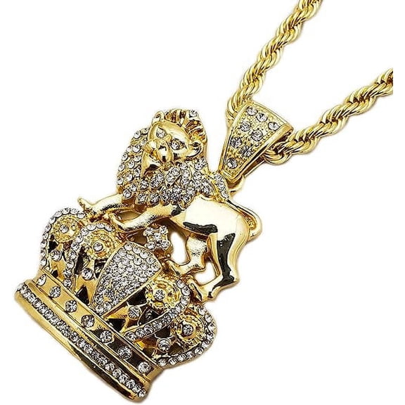 HIP HOP FULL ICED GOLD PLATED CUBIC ZIRCONIA LION KING CROWN PENDANT & 5mm 30" ROPE CHAIN NECKLACE
