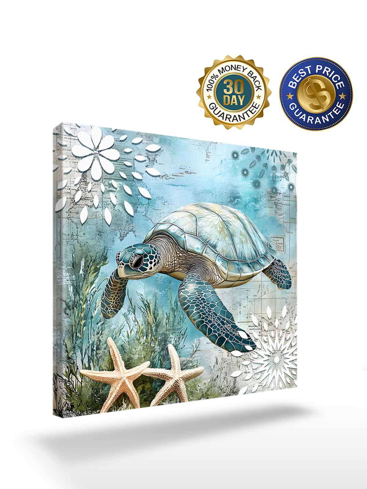 Retro Sea Turtles Canvas Wall Art, Ocean Sea Stars Corals Animal Framed Wall Decor Modern Artwork Prints Painting for Living Room, Bedroom, Kitchen & Cafe Decor 16x16 Inch