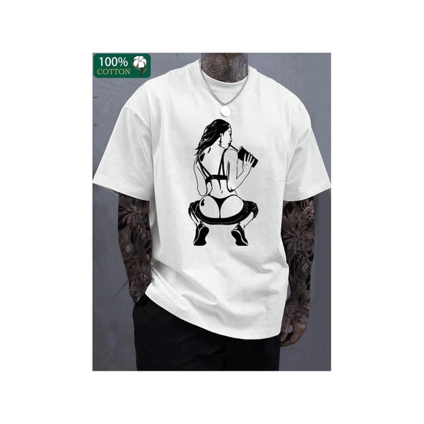 Drinking sexy attractive beauty pattern print, boutique thickened cotton T-shirt, men's fashion casual cotton T-shirt, short-sleeved crewneck T-shirt