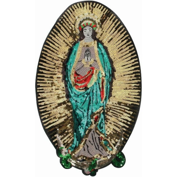 Blessed Virgin Mary Goddess Gold Sequins Embroidered Applique Patches Sew on Badge Patches Embellishments for Spiritual Crafts & Clothing 1 Piece