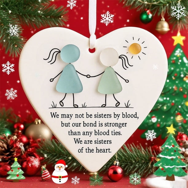 Adorno de la amistad de vidrio marino en forma de corazón hecho a mano | Recuerdo de la amistad para hermana y mejor amiga | Decoración colgante para árbol de Navidad