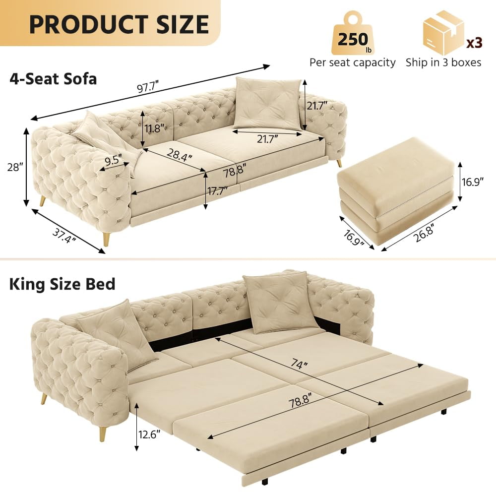 97.7'' Pull Out Sofa Bed King, Chesterfield Velvet Sleeper Sofa, Convertible L-Shaped Futon Couch, Tufted Back, Ottoman, Deep Seat Loveseat Couches for Living Room, Apartment, Honey Beige