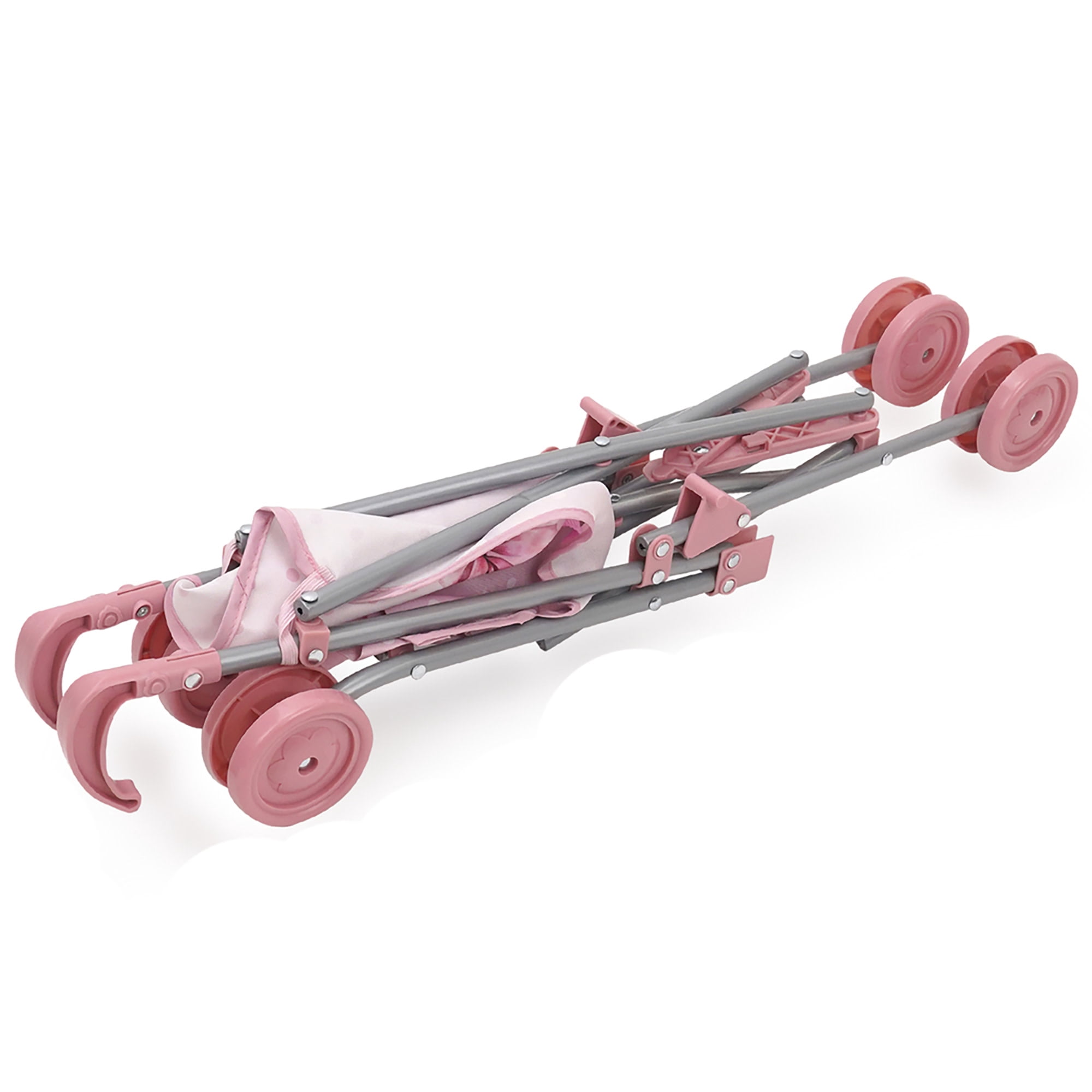 509 Crew: Bow Umbrella Doll Stroller - Pink & White, Push Buggy, Secure Safety Harness, Lightweight & Foldable, Roleplay Toy, Doll Accessory, Kids 3+