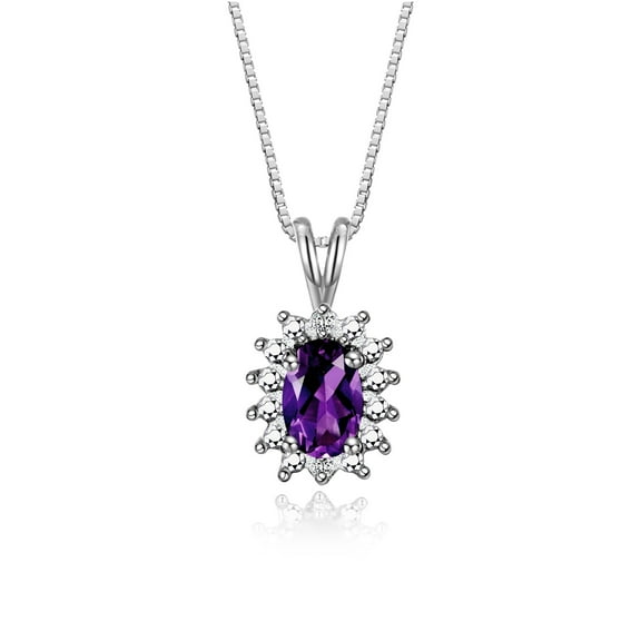 Rylos Sterling Silver Halo Pendant Necklace: 6X4MM Amethyst & Sparkling Diamonds - 18" Chain Exquisite Birthstone Jewelry