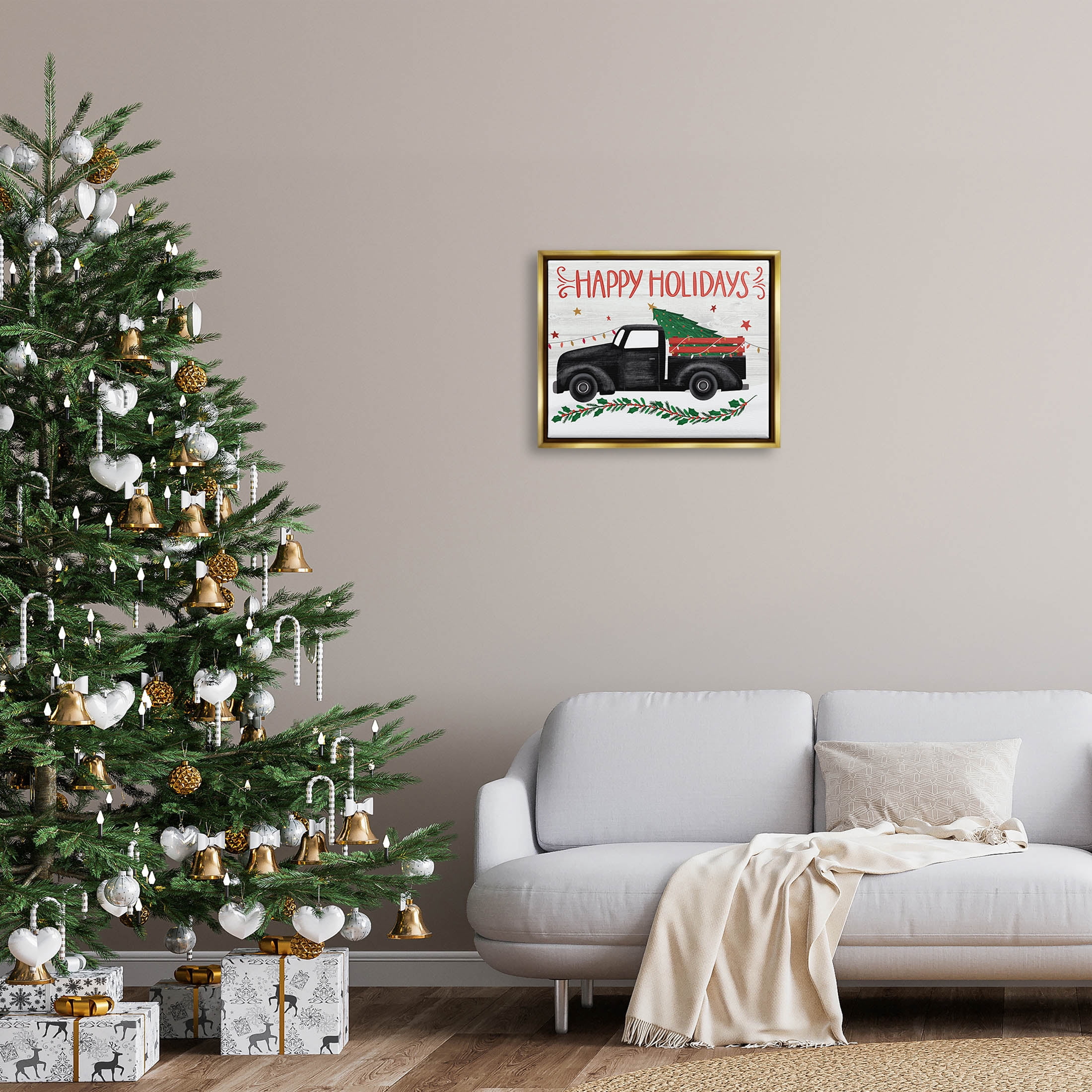 Happy Holidays Christmas Tree Truck Holiday Graphic Art Metallic Gold Framed Art Print Wall Art